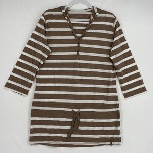 Columbia Womens Large Pullover Tunic Top Taupe White Stripes Hooded 3/4 Sleeves